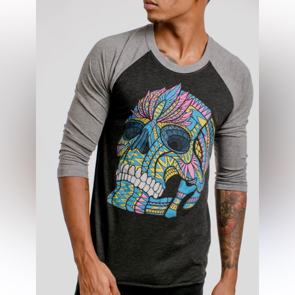 Curbside Cranium Multicolor on Heather Black and Grey Triblend Raglan t shirt L